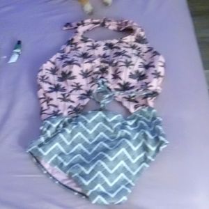 One piece Bathing suit bottom black and white top pink with black Palm trees